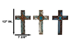 Pack Of 3 Rustic Western Tuscany Scrollwork Turquoise Amber Gems Wall Crosses-6