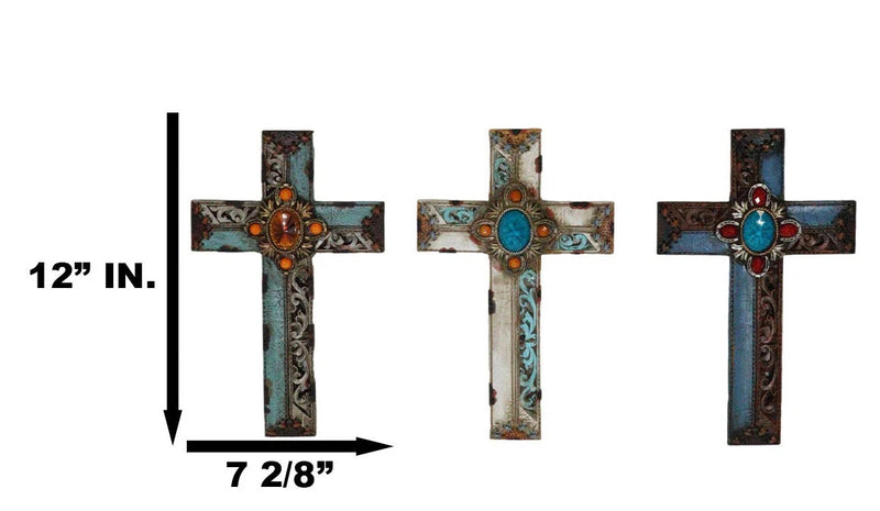 Pack Of 3 Rustic Western Tuscany Scrollwork Turquoise Amber Gems Wall Crosses-6
