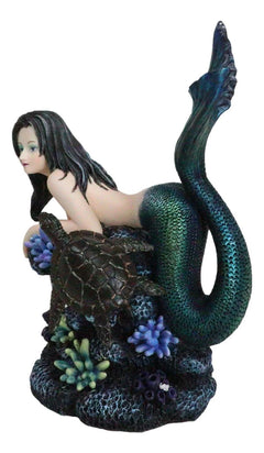 Siren Mermaid With Iridescent Tail And Turtle Companion By Coral Rocks Statue-2