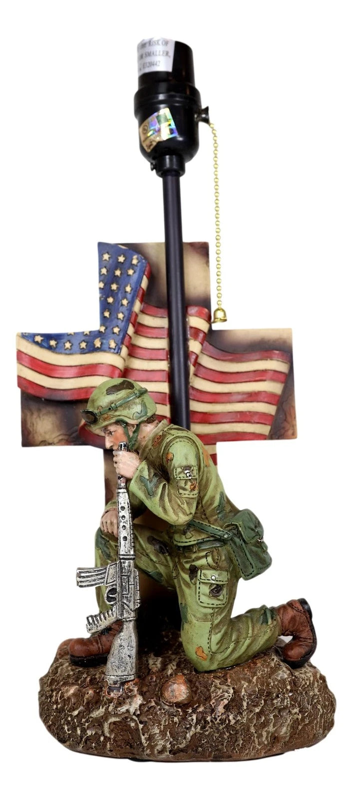Patriotic Soldier With Rifle Kneeling By American Flag Cross Memorial Table Lamp-3