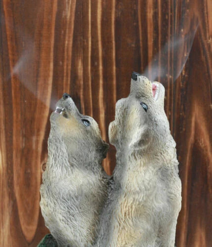 Howling Twin Gray Wolves Incense Burner Figurine 5.5 Inch Tall-4