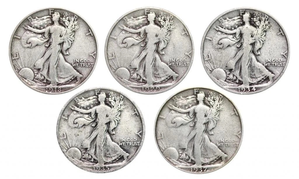 Walking Liberty Set of 5 Half Dollars Very Good Random Date-1