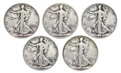Walking Liberty Set of 5 Half Dollars Very Good Random Date-1