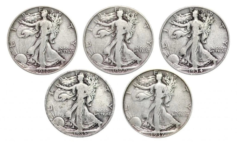 Walking Liberty Set of 5 Half Dollars Very Good Random Date-1