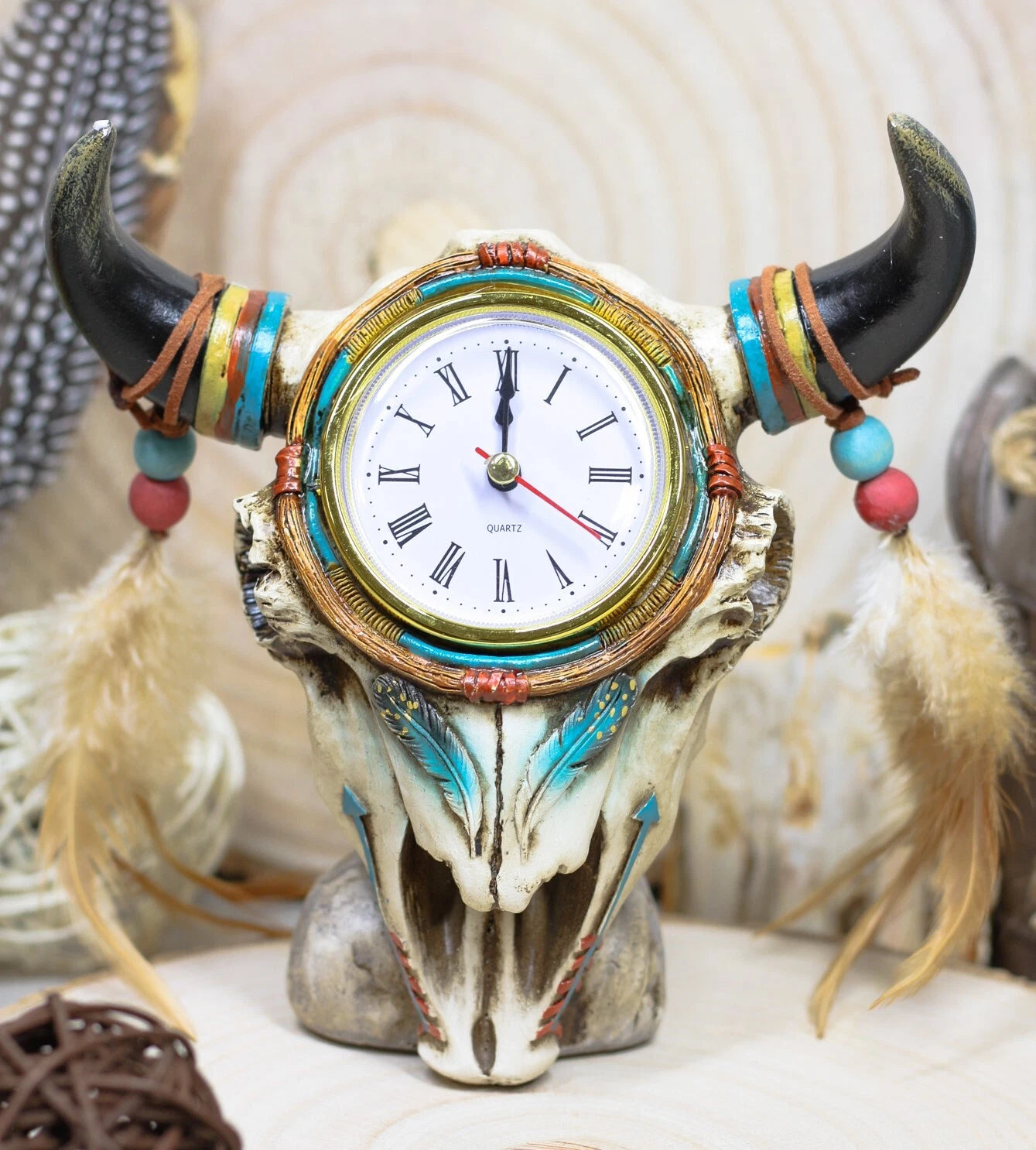 Southwestern Indian Dreamcatcher Feathers Steer Cow Skull Desktop Table Clock-2