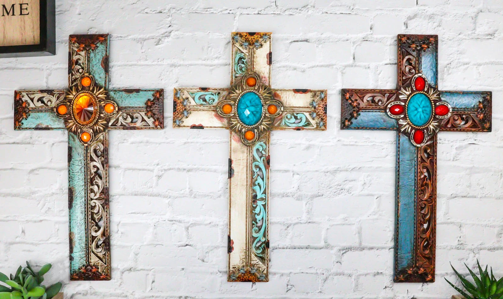 Pack Of 3 Rustic Western Tuscany Scrollwork Turquoise Amber Gems Wall Crosses-1