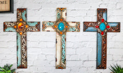 Pack Of 3 Rustic Western Tuscany Scrollwork Turquoise Amber Gems Wall Crosses-1