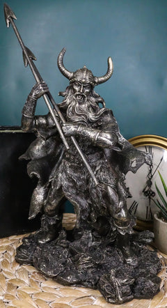 Viking Norse God Odin Alfather With Horned Helm Holding Javelin Spears Figurine-2