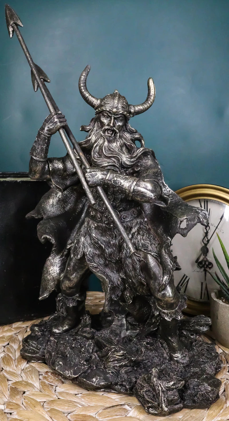 Viking Norse God Odin Alfather With Horned Helm Holding Javelin Spears Figurine-2