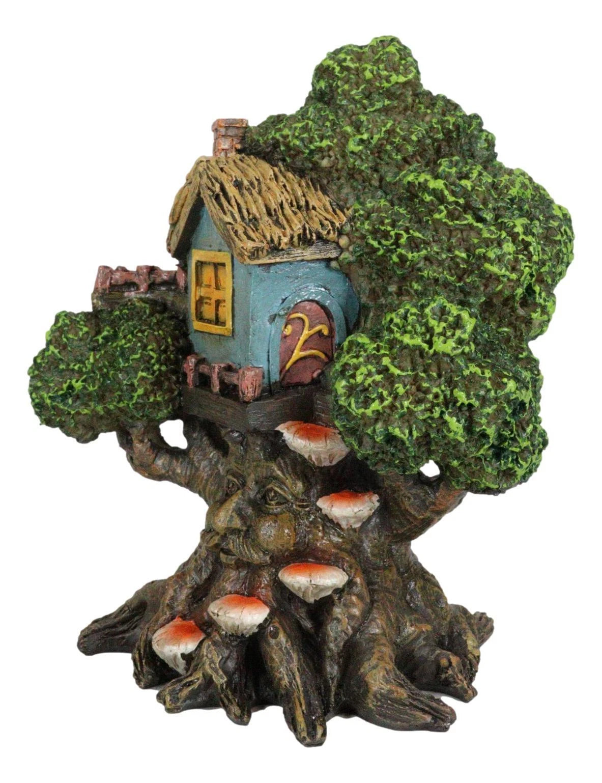 Forest Ent Greenman Cottage Blue Nook Tree House Statue With Mushroom Conk Steps-3