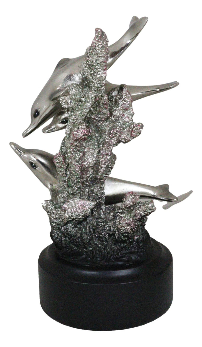 Nautical Marine Sea Dolphins By Coral Reef Silver Electroplated Resin Figurine-3
