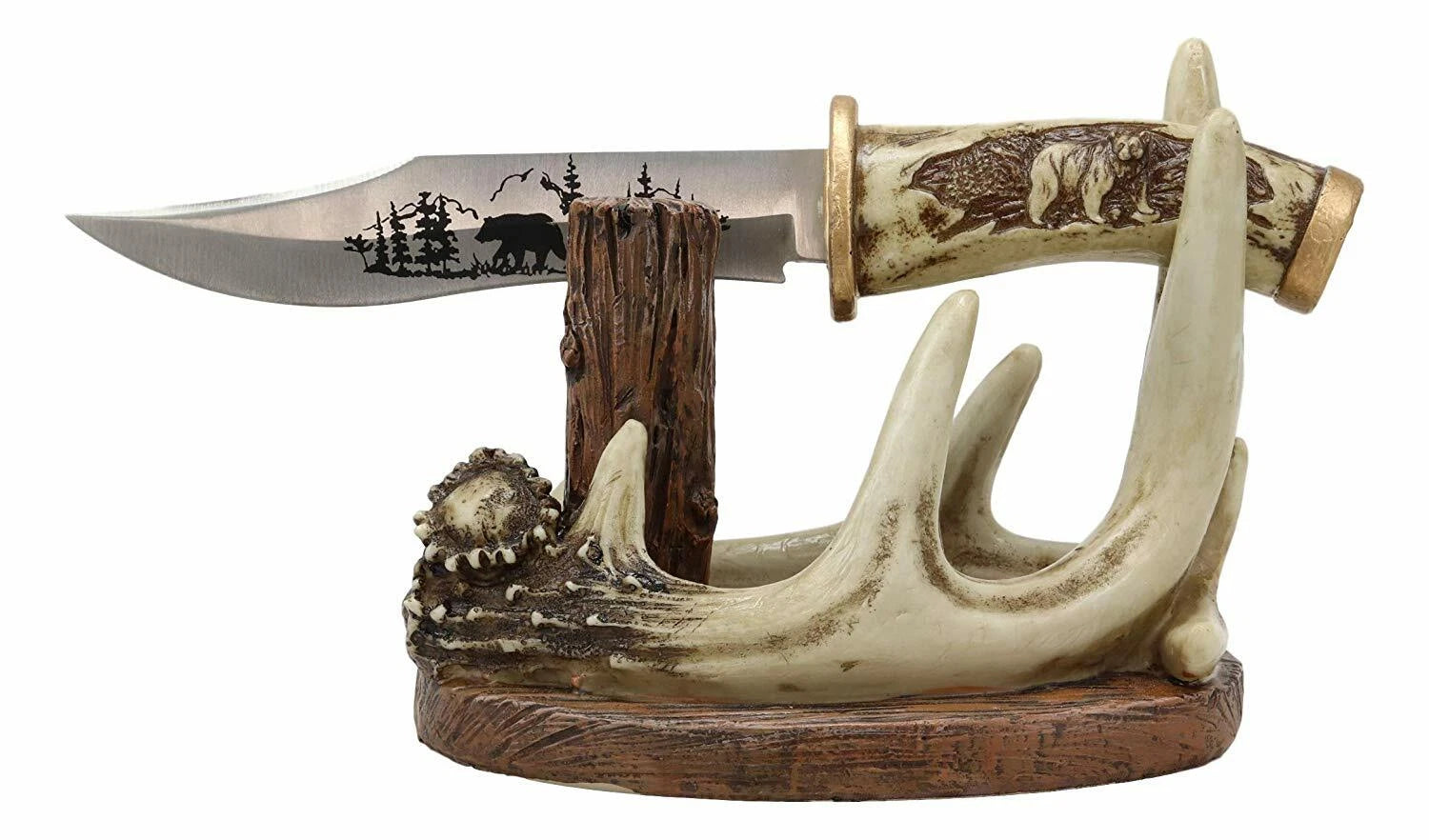 Western Rustic 8 Point Buck Stag Deer Antlers Display With Bear Sculpted Dagger-2