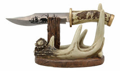 Western Rustic 8 Point Buck Stag Deer Antlers Display With Bear Sculpted Dagger-2
