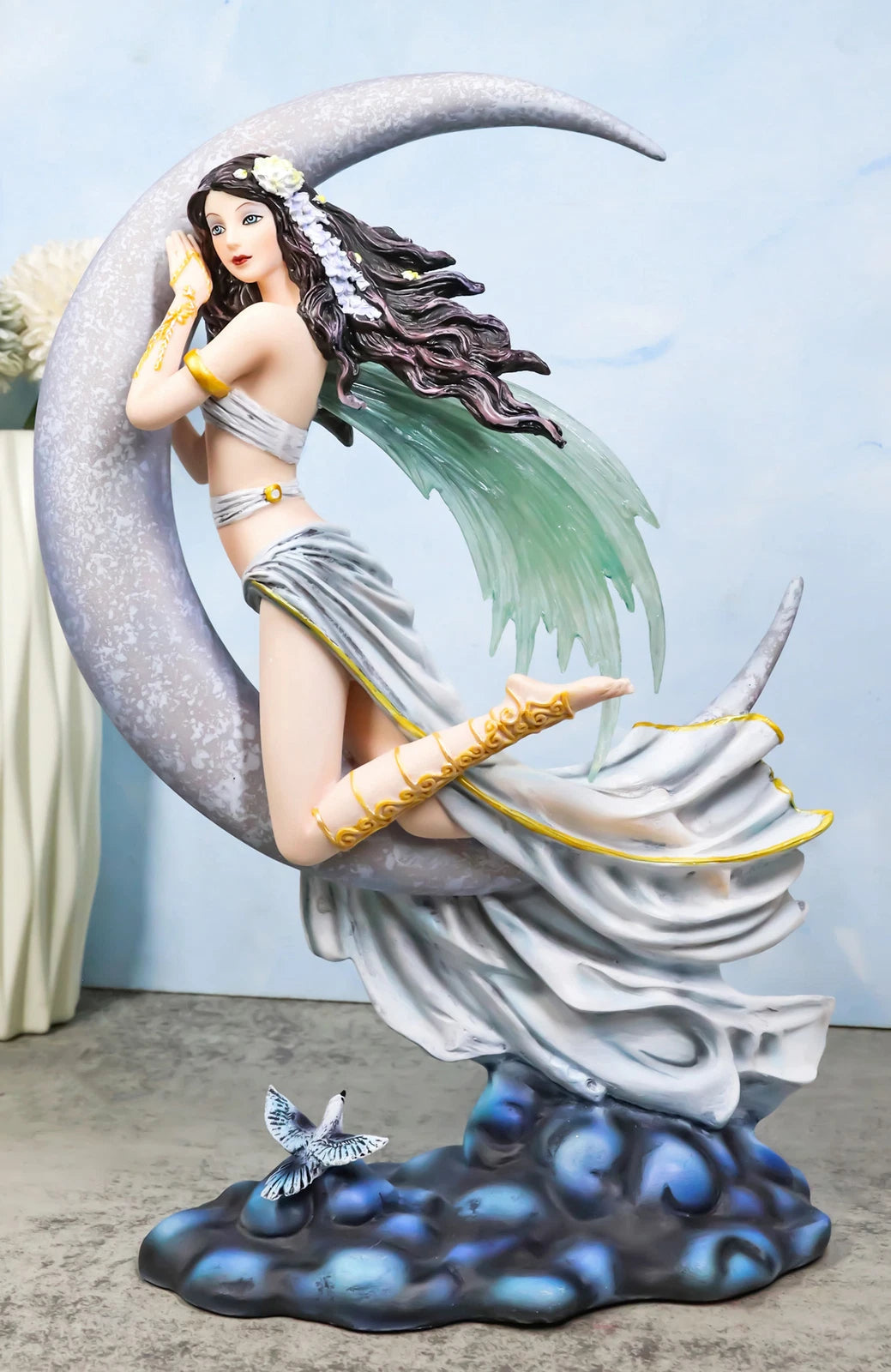 Celestial Dream Voyage Crescent Moon Lullaby Fairy Floating On Clouds Statue-1