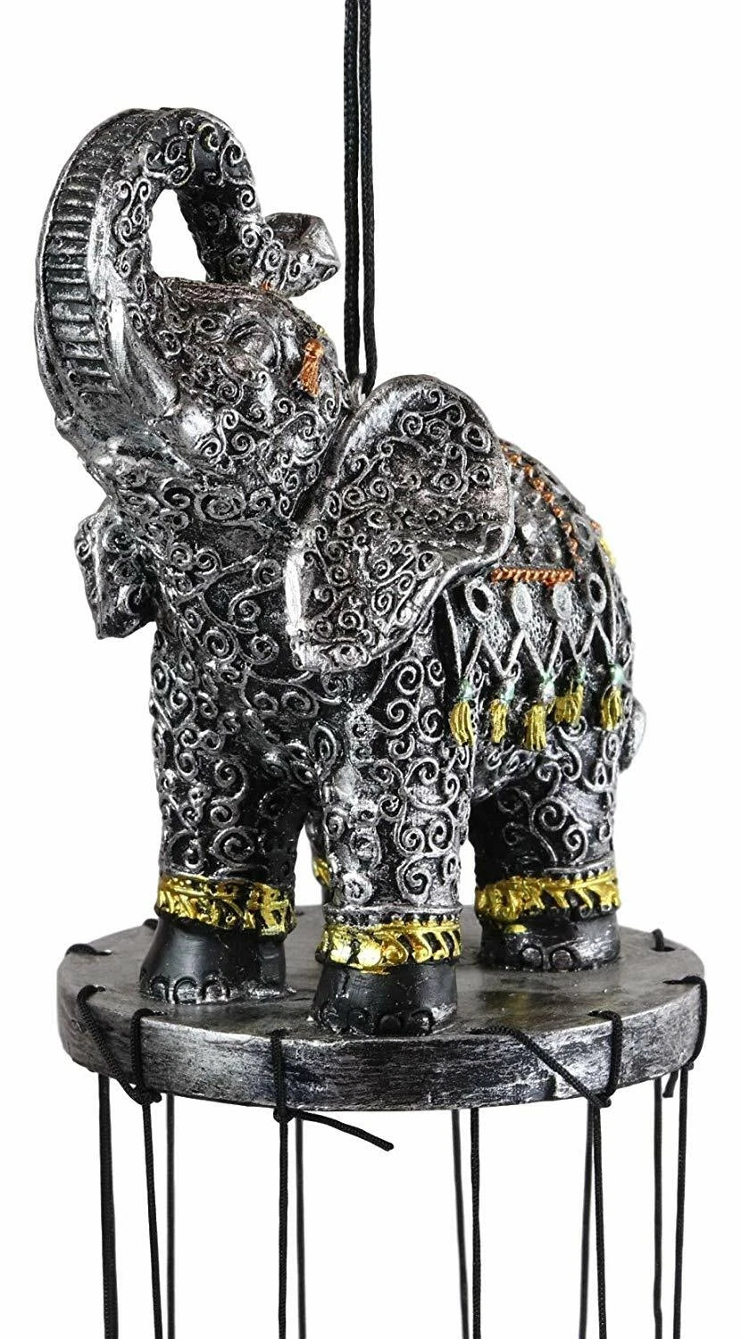 Feng Shui Thai Buddha Elephant In Filigree Art Figurine Crown Garden Wind Chime-3