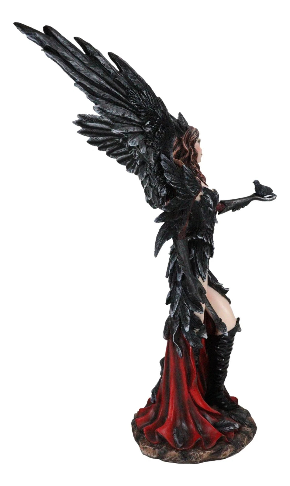 Gothic Raven Crow Trainer Angel Fairy In Black And Crimson Feather Gown Statue-2