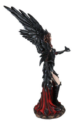 Gothic Raven Crow Trainer Angel Fairy In Black And Crimson Feather Gown Statue-2