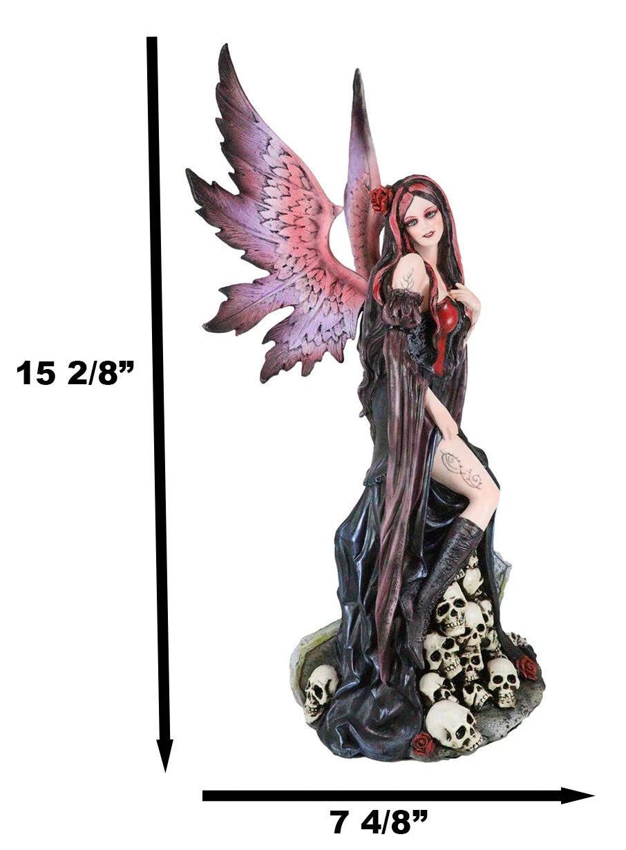 Black Sorceress Skulls Fairy with Red Rose Standing On Tombstone Figurine 15"H-2