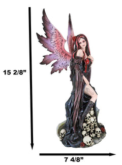 Black Sorceress Skulls Fairy with Red Rose Standing On Tombstone Figurine 15"H-2