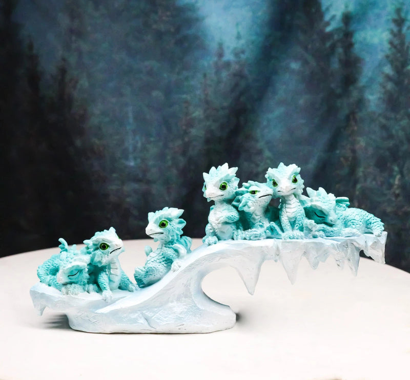 Winter Wonderland Ice Blue Baby Dragons On Frozen Bridge Glacier Rock Figurine-2