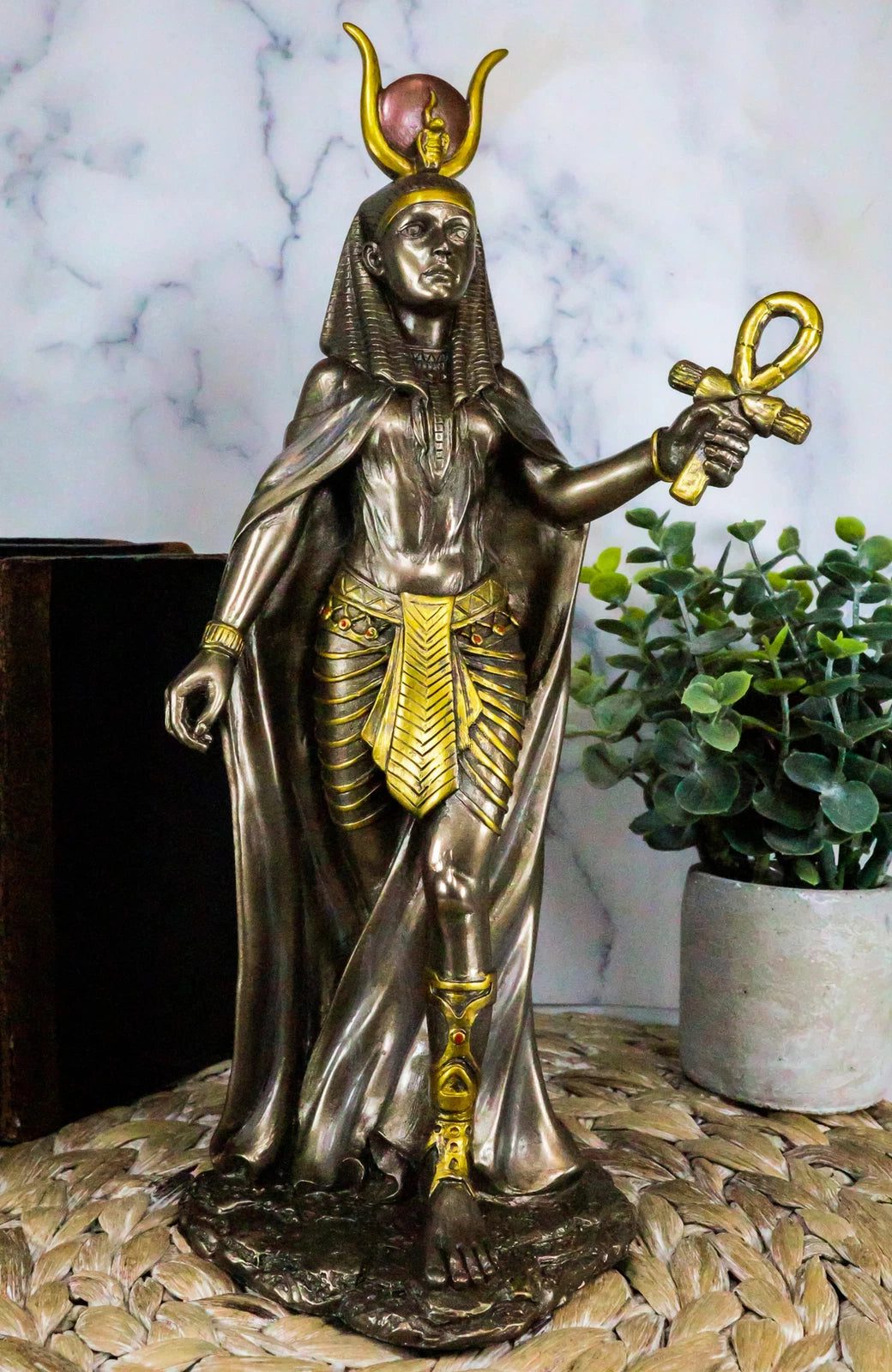 Egyptian Deity Goddess Hathor Holding Ankh Statue Patroness Of Love Motherhood-1