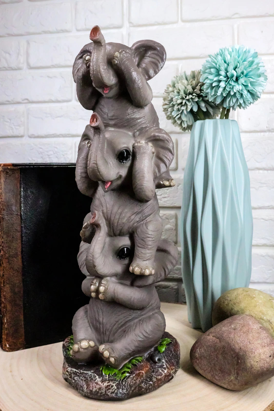 Pachyderm Friends Whimsical See Hear Speak No Evil Elephants Totem Statue-1