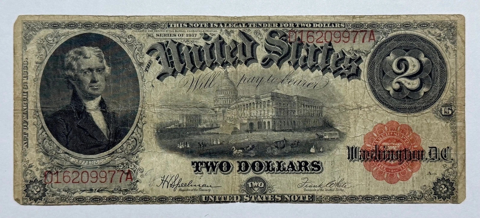 1917 $2 Bill United States Note Legal Tender Large Size 977A-WYMN
