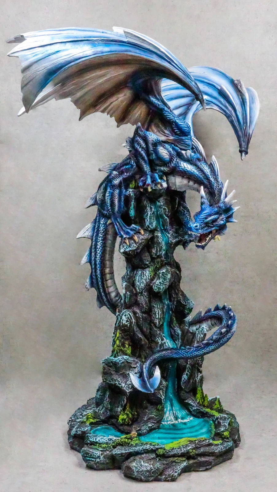 Large Blue Zirconia Rogue Storm Dragon Hovering Over Cliff Rock Waterfall Statue-1
