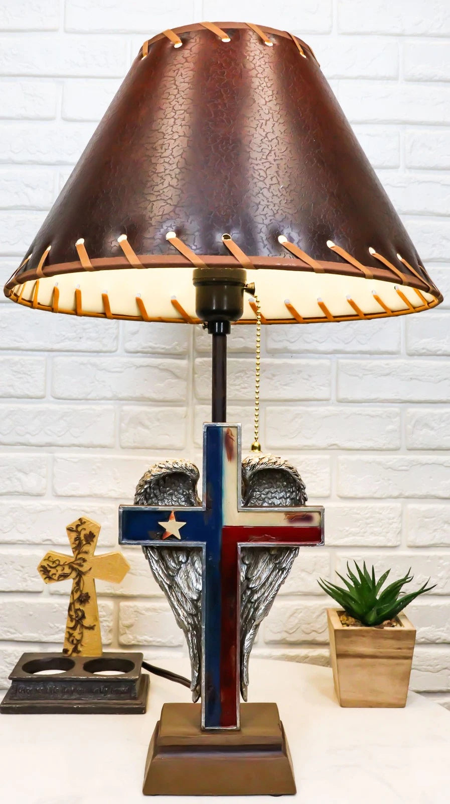 Country Western Texas Lone Star State Flag With Silver Angel Wings Table Lamp-1