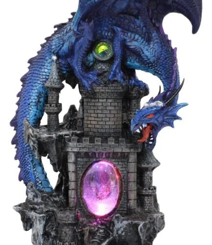20"H Blue Waterfall Spyro Dragon On Castle Statue LED Night Light Figurine-2