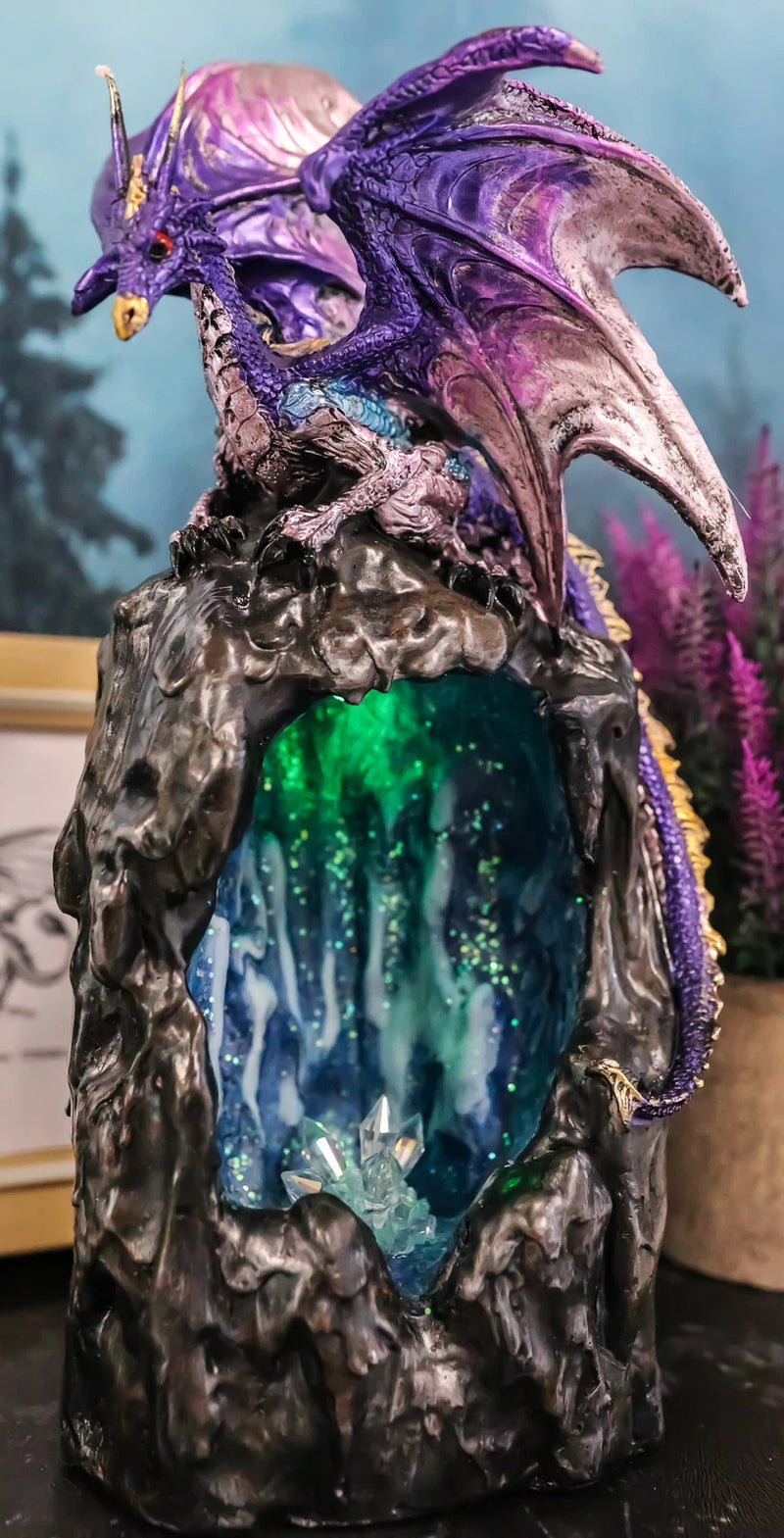 Purple Azure Quartz Dragon On Gemstone Mountain Backflow Incense Burner Figurine-1