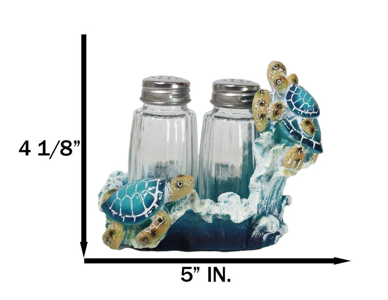 Nautical Marine Reef Sea Turtles Over Waves Salt And Pepper Shakers Holder Set-3