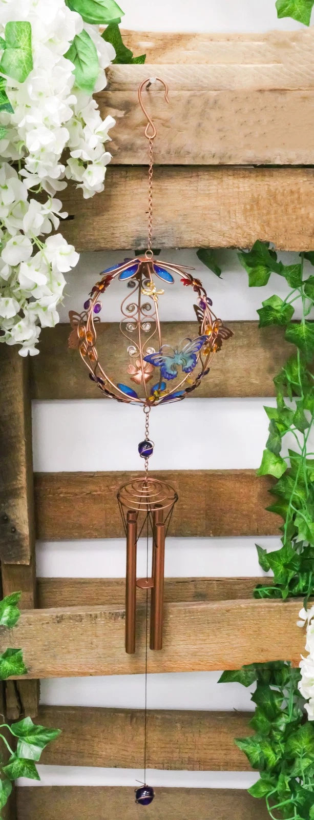 Monarch Butterflies by Floral Garden Globe Art Glass Gemstones Metal Wind Chime-1
