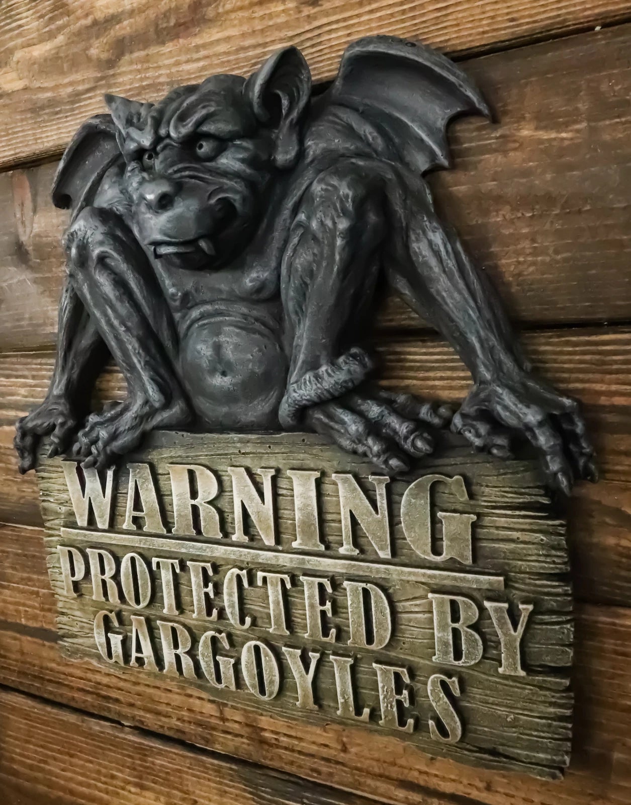 Gothic Winged Gargoyle On Warning Protected By Gargoyles Sign Wall Decor Plaque