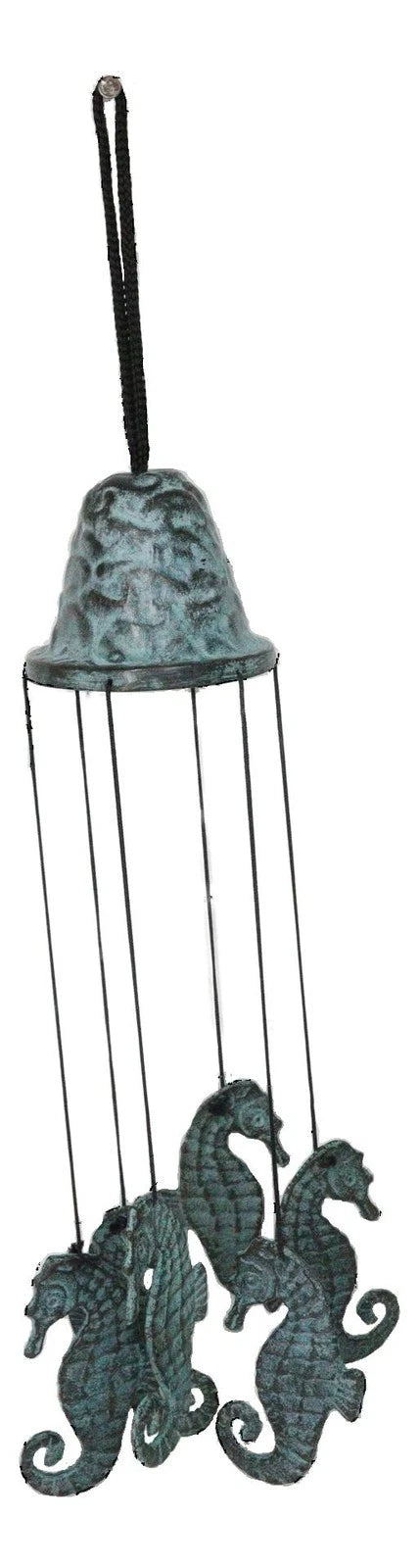 Verdigris Distressed Brass Metal Nautical Bell With Marine Seahorses Wind Chime-4