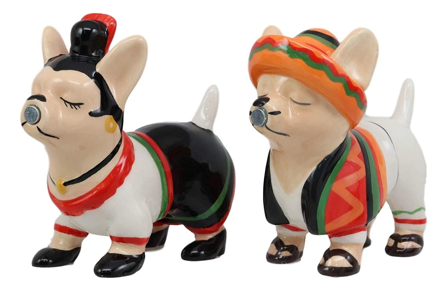 Salero y pimentero de cerámica con sombrero de chihuahua mexicano besándose-2