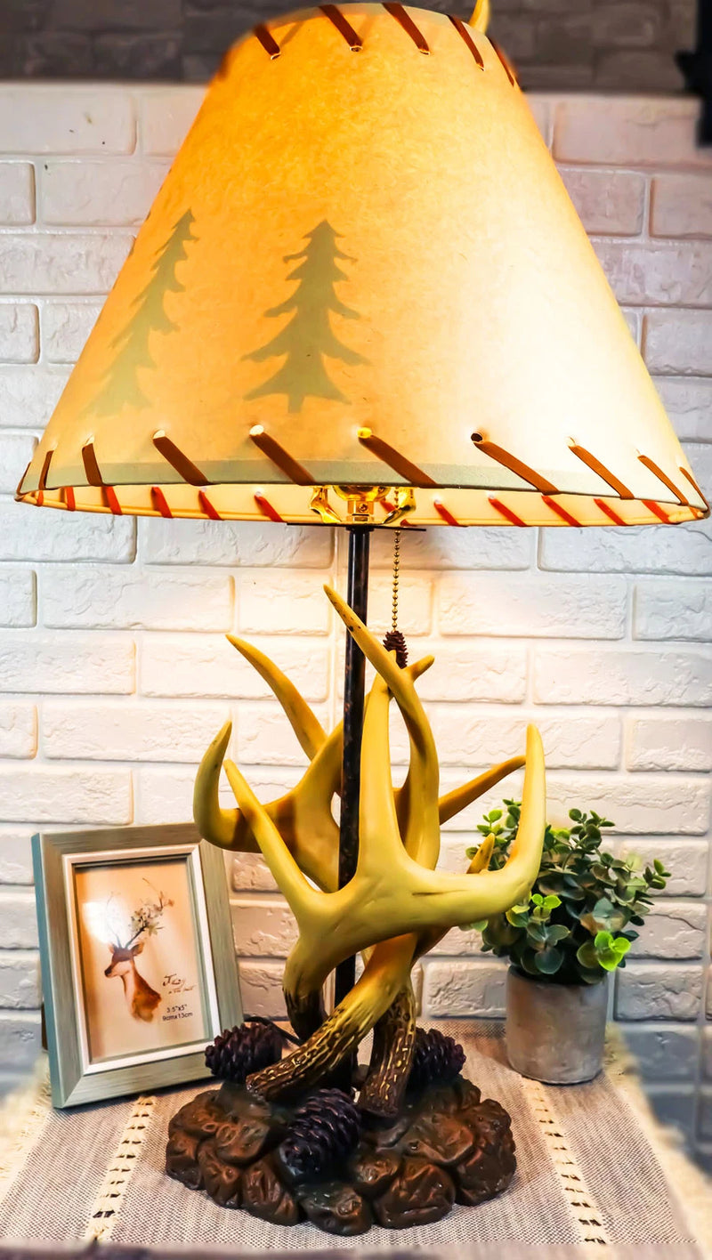 26"H Rustic Vintage Design 3 Entwined Antlers And Pine Cones Table Lamp-1