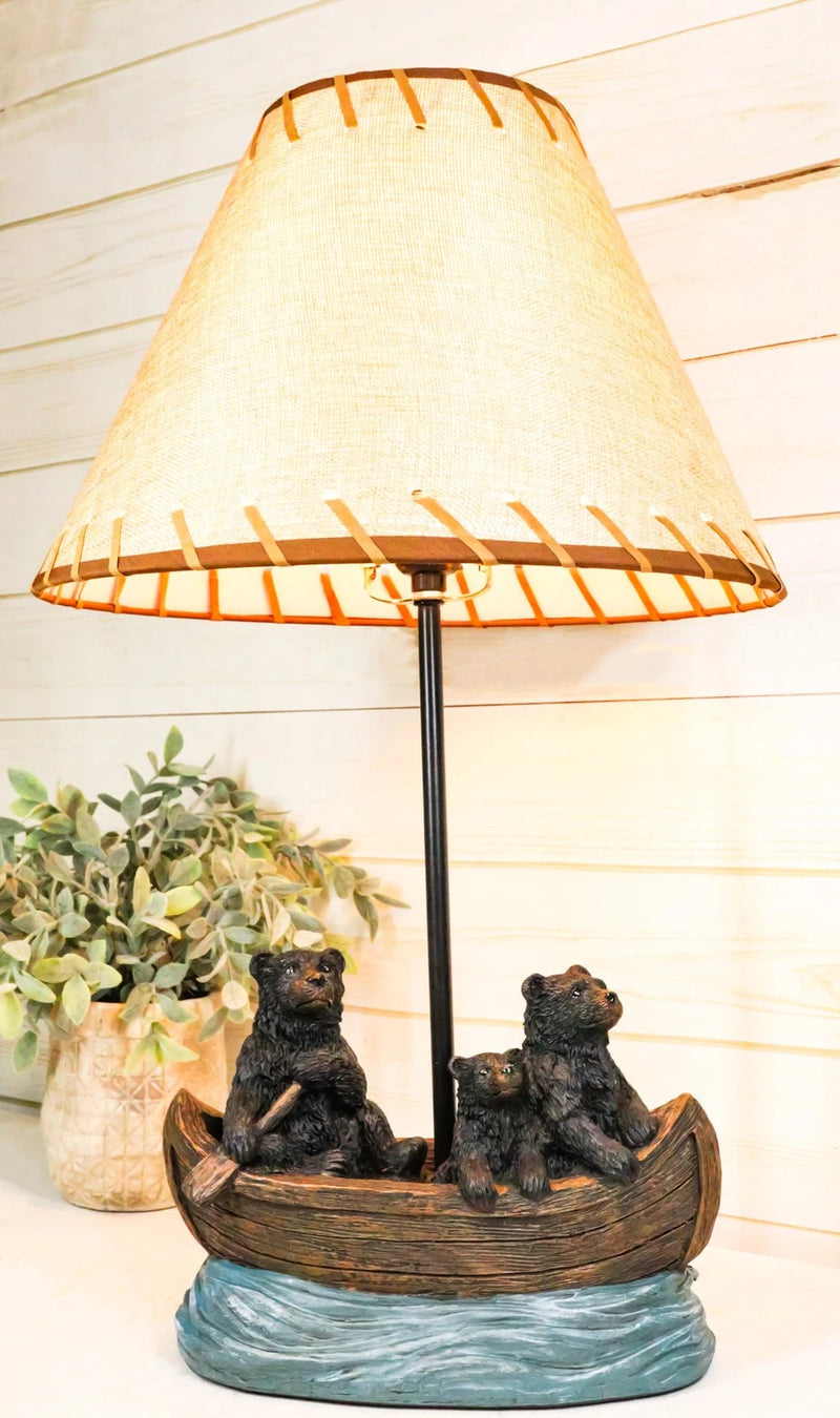 Rustic Woody Forest River Run Black Bears With Cub Rowing Canoe Boat Table Lamp-1