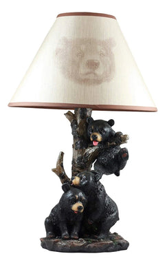 Climbing Black Bear Cubs Table Lamp Statue Decor With Bear Face Shade-3