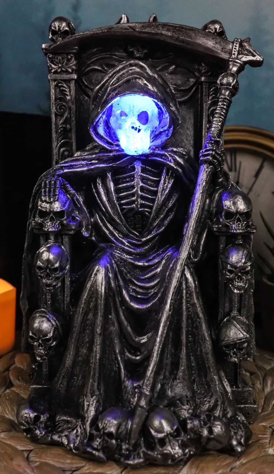 Dark Lord Grim Reaper Skeleton On Throne With LED Light Ghastly Face Figurine-1