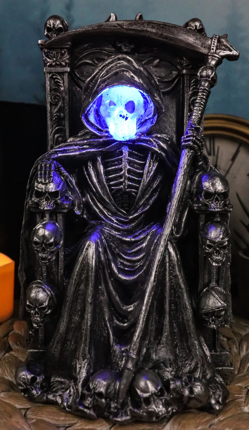 Dark Lord Grim Reaper Skeleton On Throne With LED Light Ghastly Face Figurine-1