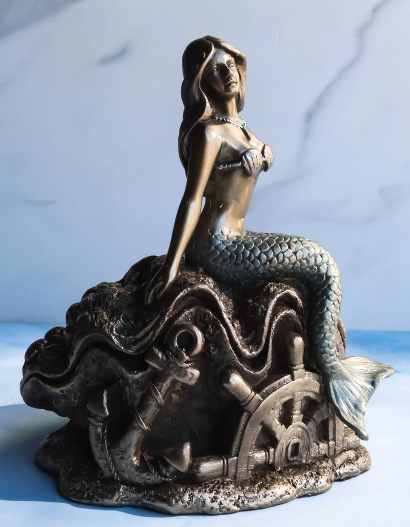 Mermaid Ariel 5" Tall Nautical Mermaid Sitting On Oyster Shell Figurine-3