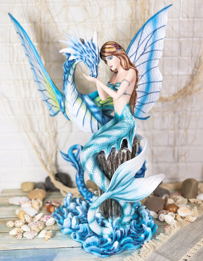 Large Nautical Blue Mermaid Feeding Leviathan Ocean Dragon Fairy Statue-1
