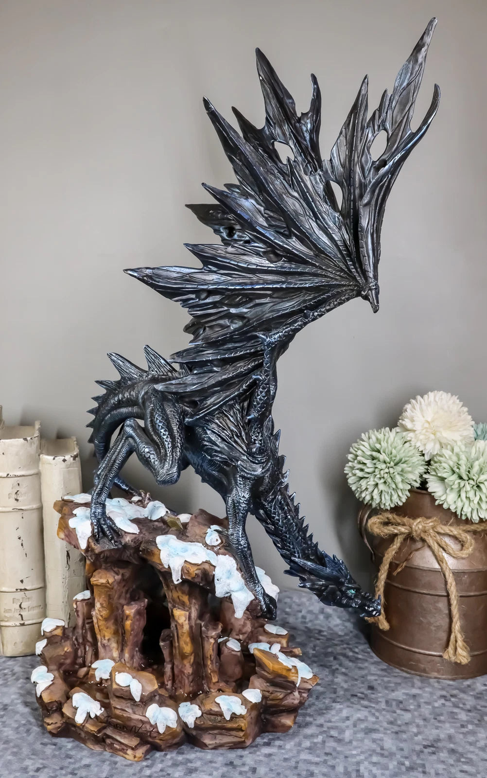 Large Dark Dragon with Frozen Ice White Baby Hatchling Statue 18.5" Tall-2