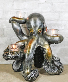 Large Rustic Bronze Deep Ocean Octopus Candle Holder Statue Kraken Sea Monster-1