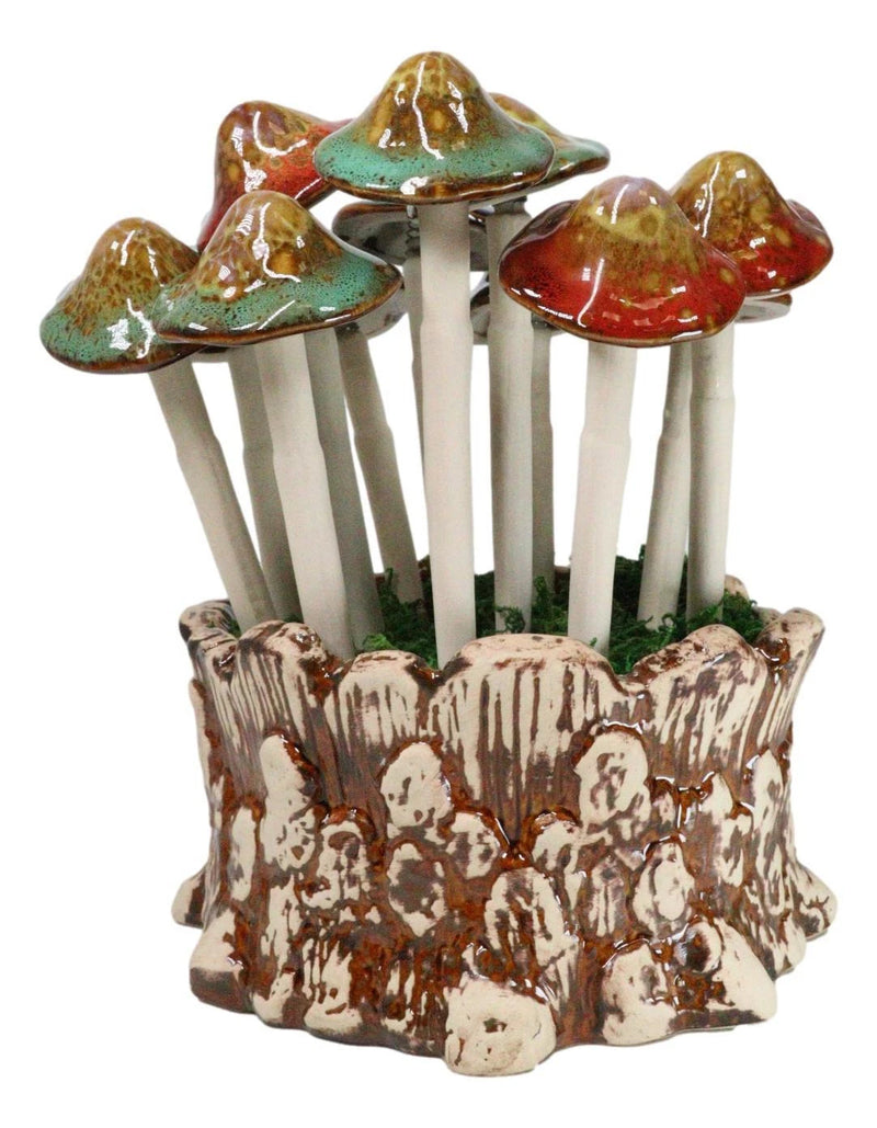 Fairy Garden Colorful 12 Piece Ceramic Mushroom Picks With Planter Holder Set-2