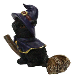 Halloween Black Cat with Witch Hat and Cape Riding Magical Broomstick Figurine-3