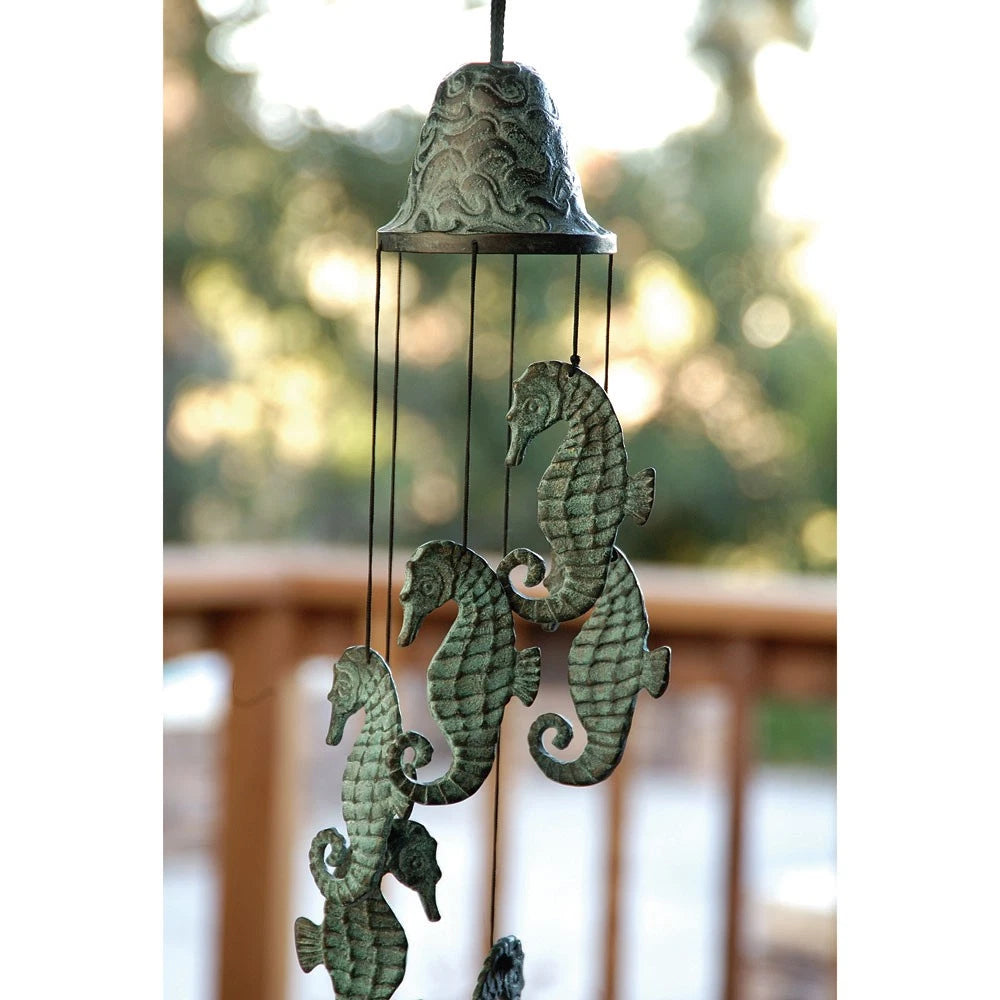 Verdigris Distressed Brass Metal Nautical Bell With Marine Seahorses Wind Chime-2