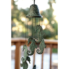 Verdigris Distressed Brass Metal Nautical Bell With Marine Seahorses Wind Chime-2