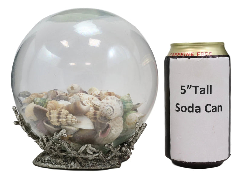 Nautical Marine Sea Shells Glass Globe Ball On Silver Coral Reef Metal Sculpture-3